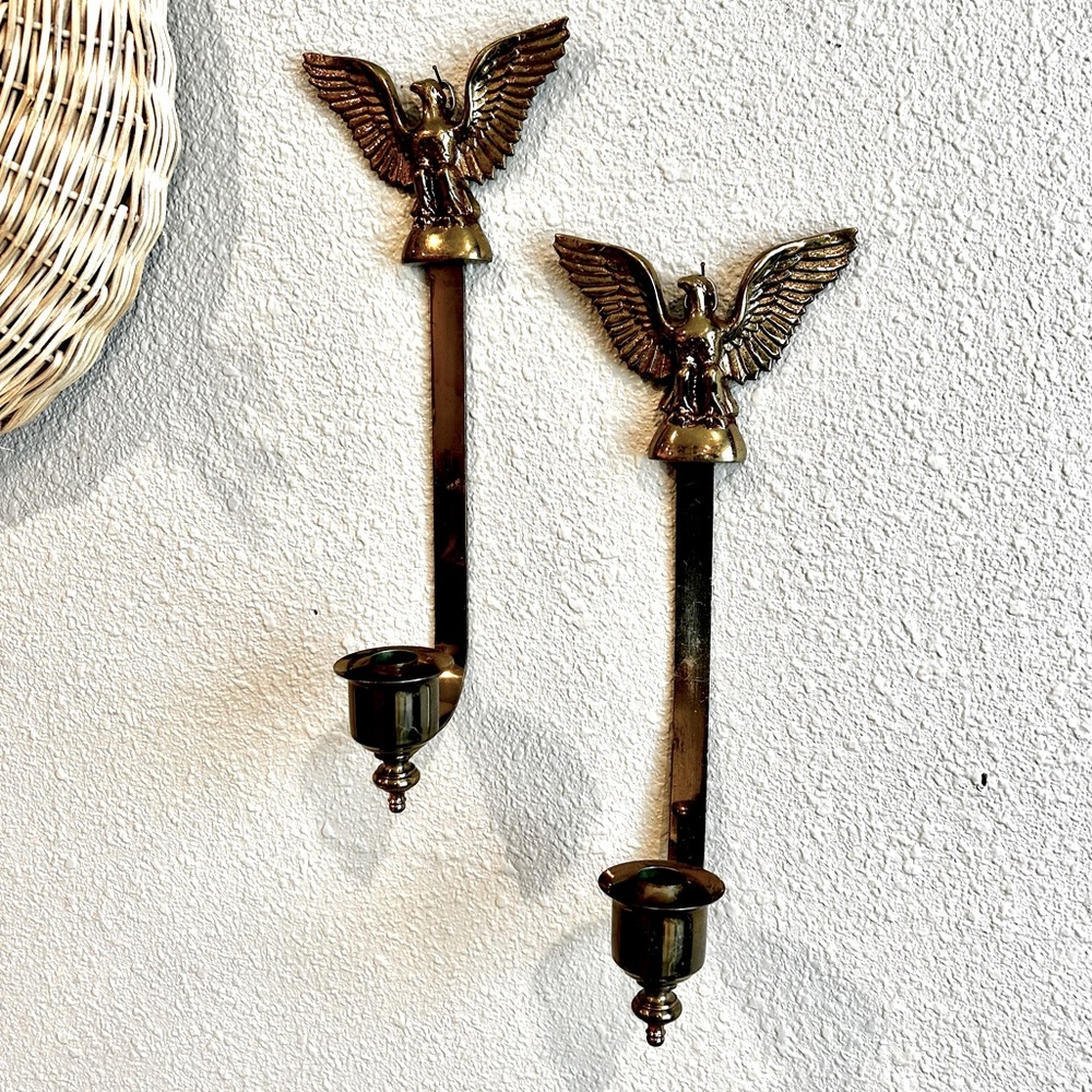 Pair of Elegant Brass Eagle Wall Sconces Candle Holders